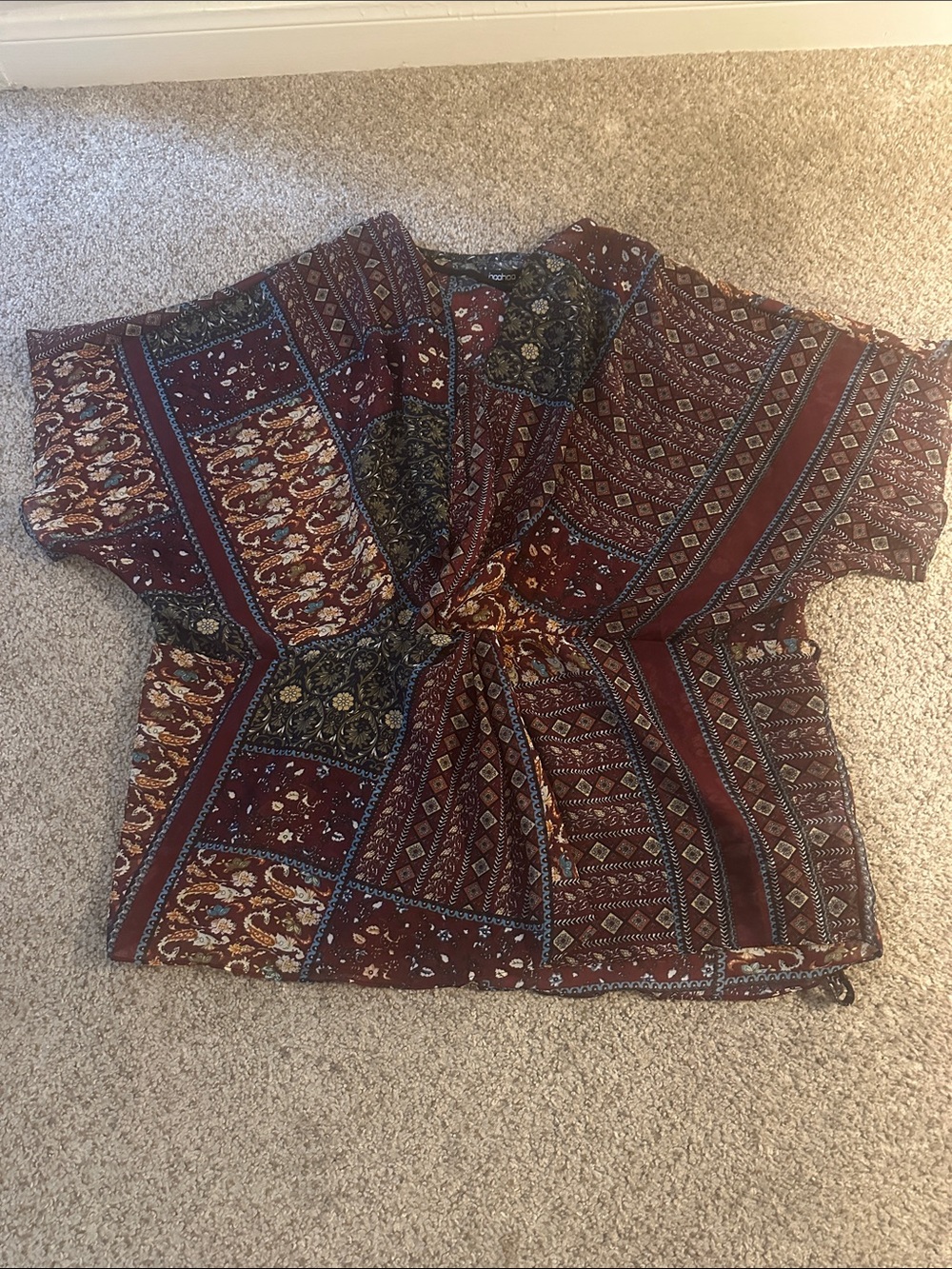 Boohoo Burgundy Patchwork Tie-Front Blouse
